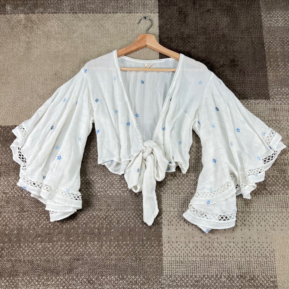 Surf Gypsy White Star Print Tie Front Bell Sleeve Crop Top TX11945 Womens Small